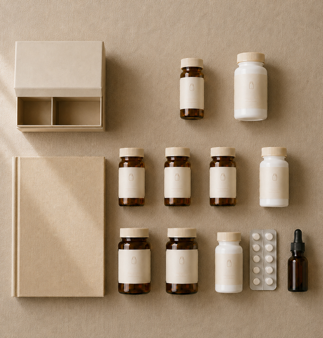 Prescription Pack — 11 essential prescriptions with kit box and guidebook, flat-lay